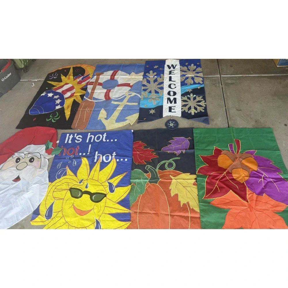 Lot of 7 vintage seasonal yard flags banners decor, weather resistant, santa sun